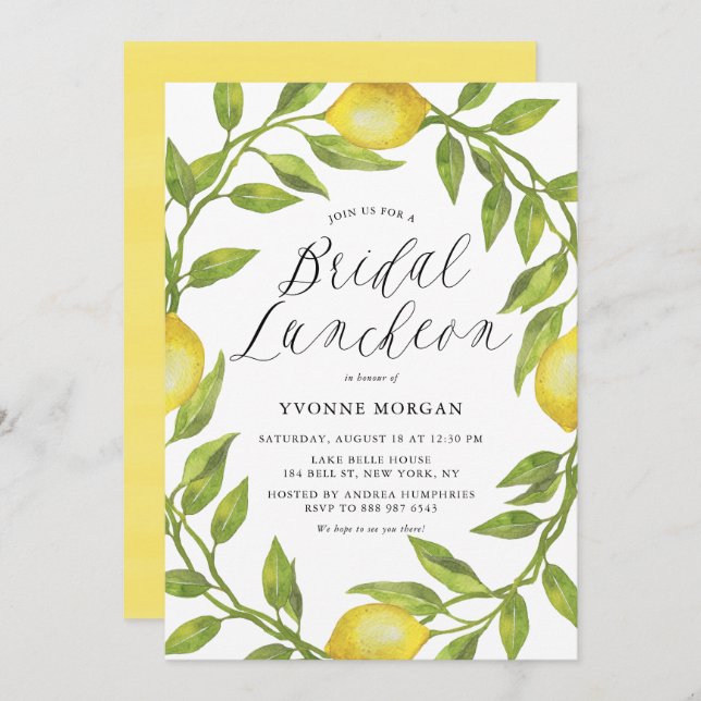Watercolor Lemon Greenery Wreath Bridal Luncheon Invitation (Front/Back)
