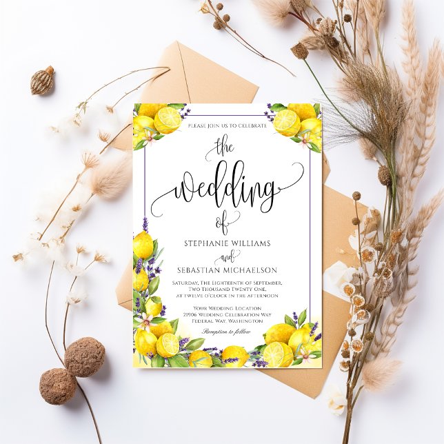 Watercolor Lemon Lavender Boho Wedding Invitation (Watercolor Lemon Lavender Boho Wedding Invitation)