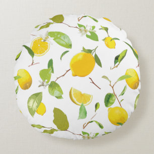 Watercolor Lemon & Leaves 2 Round Cushion