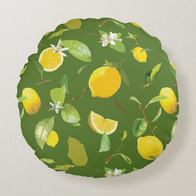 Watercolor Lemon & Leaves 5 Round Cushion (Front)
