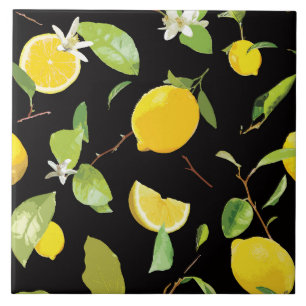 Watercolor Lemon & Leaves Ceramic Tile