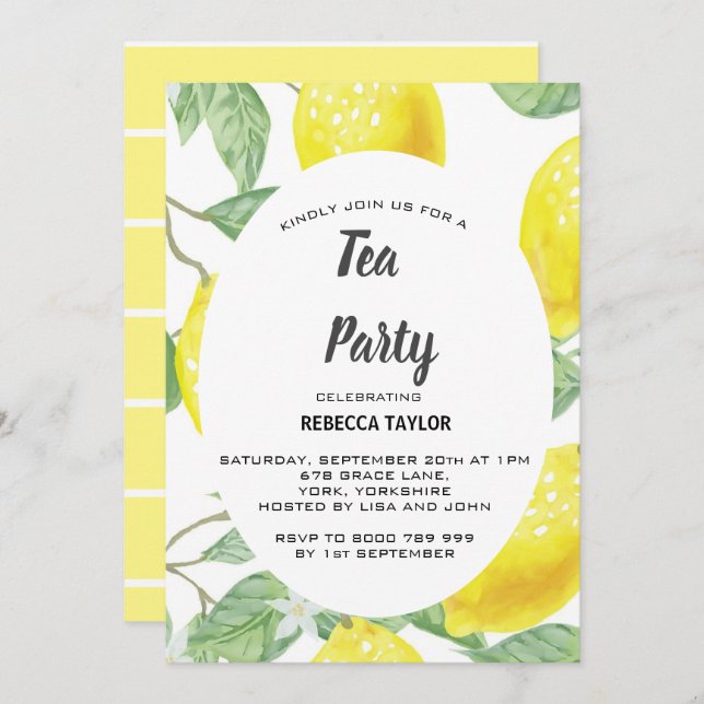 Watercolor Lemon Leaves Tea Party Invitation (Front/Back)