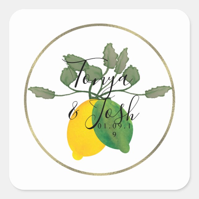 Watercolor Lemon Lime Limoncillo Faux Gold Wedding Square Sticker (Front)