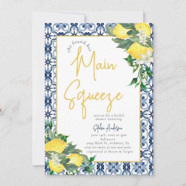 Watercolor Lemon Main Squeeze Bridal Shower  Invitation (Front)