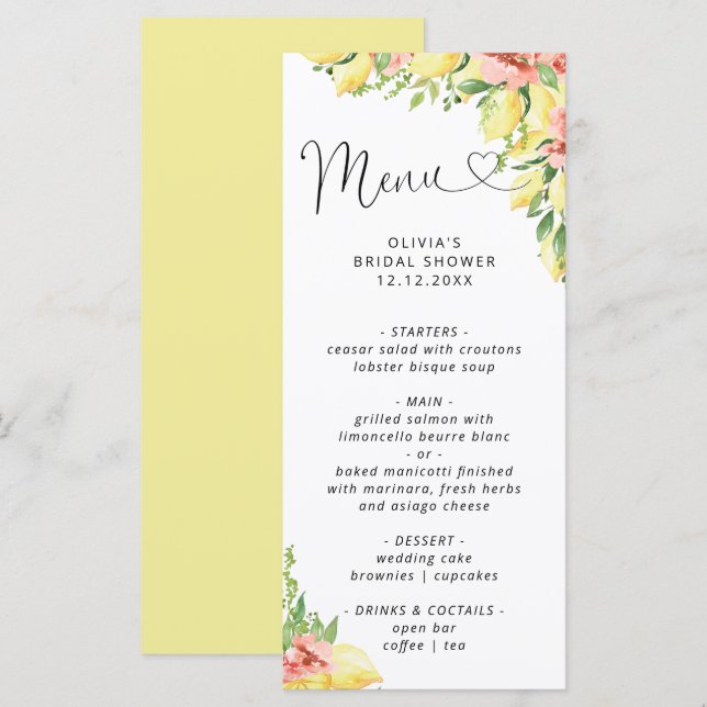 Watercolor Lemon Main Squeeze Bridal Shower Menu (Front/Back)