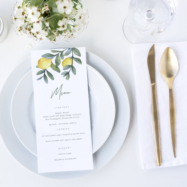 Watercolor Lemon Main Squeeze Bridal Shower Menu (Main squeeze Lemon theme Bridal Shower Menu with watercolor lemon and greenery illustration)