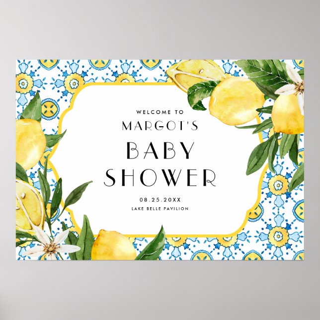 Watercolor Lemon Mediterranean Baby Shower Poster (Front)