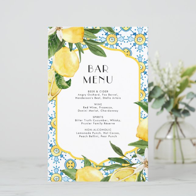 Watercolor Lemon Mediterranean Bar Menu Card (Standing Front)