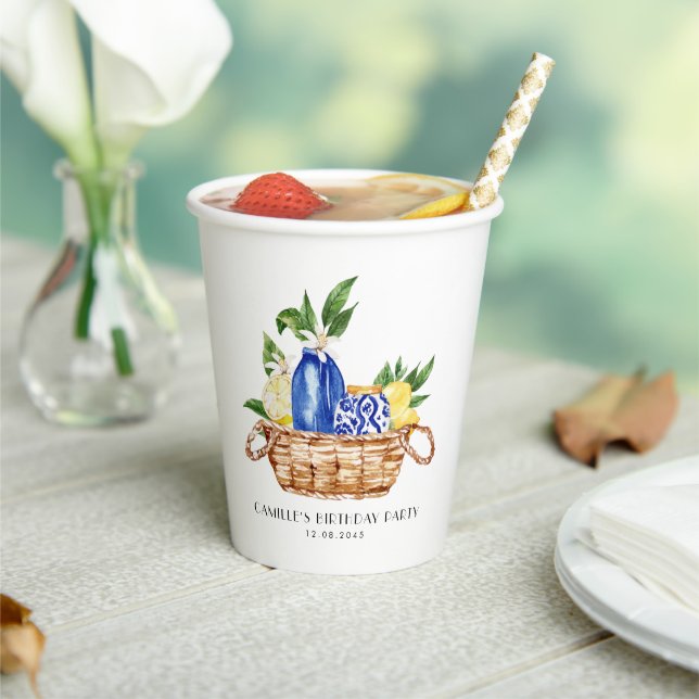 Watercolor Lemon Mediterranean Basket Birthday Paper Cups (Insitu)