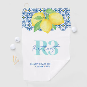 Watercolor Lemon Mediterranean Blue Tile Logo Golf Towel