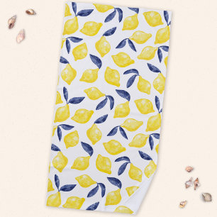 Watercolor Lemon Mediterranean Citrus Beach Towel