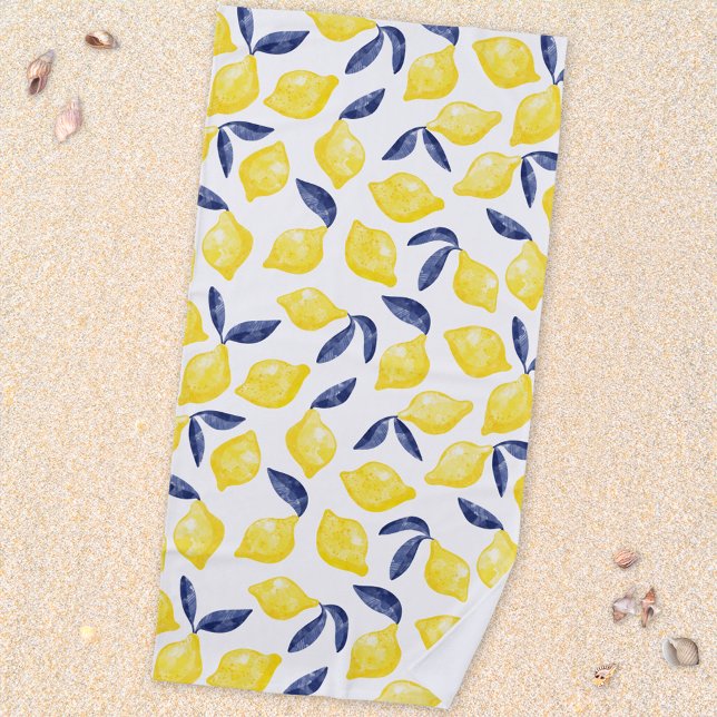 Watercolor Lemon Mediterranean Citrus Beach Towel (Mediterranean citrus lemon watercolor pattern beach towel)