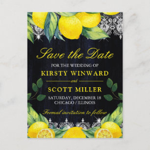 Watercolor Lemon Navy Blue Wood Save the Date Postcard