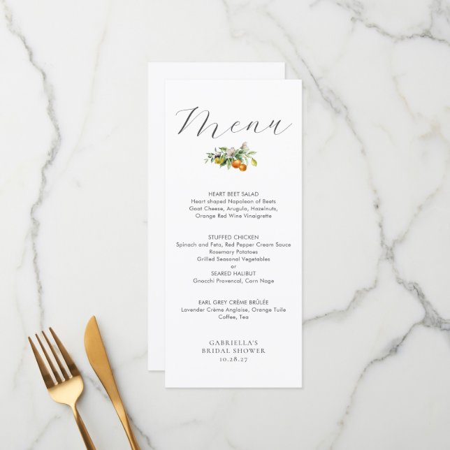 Watercolor Lemon Orange Citrus Bridal Shower Menu (Front/Back In Situ)