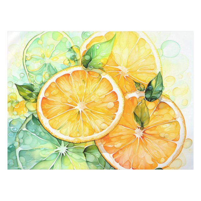 Watercolor Lemon Orange Lime Botanical Kitchen Tablecloth (Front (Horizontal))