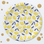 Watercolor Lemon Pattern Citrus Paper Plate<br><div class="desc">Pretty watercolor citrus lemon pattern in yellow with navy blue leaves on a white background for a fruity summer shot of visual Vitamin C. Original art by Nic Squirrell.</div>