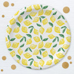 Watercolor Lemon Pattern Citrus Paper Plate<br><div class="desc">Pretty watercolor citrus lemon pattern in yellow with navy blue leaves on a white background for a fruity summer shot of visual Vitamin C. Original art by Nic Squirrell.</div>