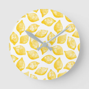 Watercolor Lemon Pattern Citrus Round Clock
