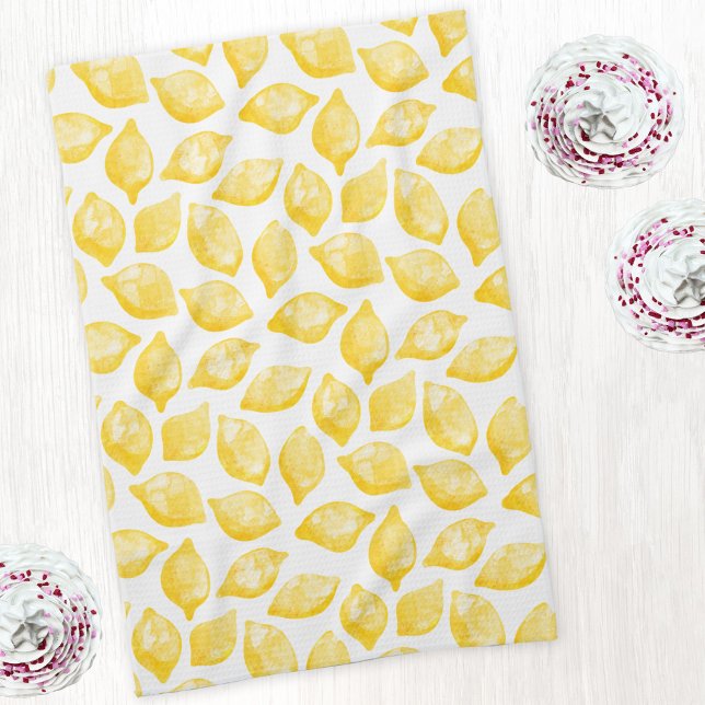 Watercolor Lemon Pattern Citrus Tea Towel (Watercolor lemon citrus pattern art kitchen tea towel)