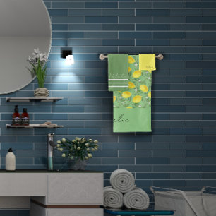 Watercolor lemon pattern green name  bath towel set