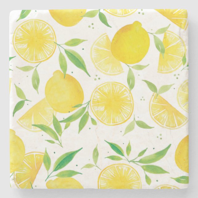 Watercolor lemon pattern outdoor bar stone coaster (Front)