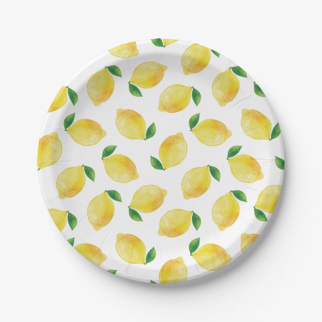 Watercolor Lemon Pattern Paper Plate (Front)