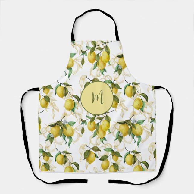 Watercolor Lemon Pattern Personalised Initial  Apron (Front)