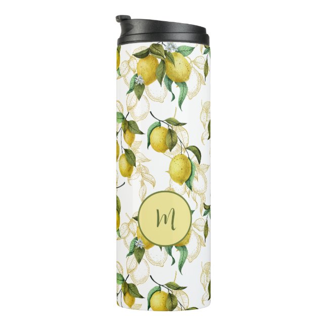 Watercolor Lemon Pattern Personalised Initial  Thermal Tumbler (Rotated Right)