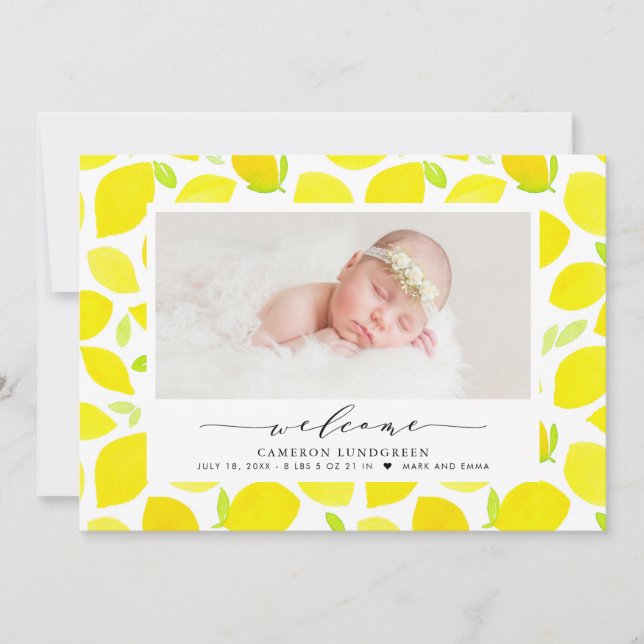 Watercolor Lemon Pattern Photo Birth Announcement (Front)