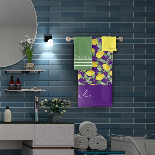 Watercolor lemon pattern purple green name  bath towel set (Creator Uploaded)