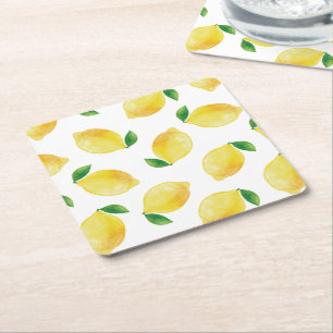 Watercolor Lemon Pattern Square Paper Coaster