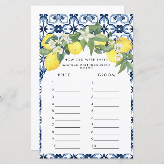 Watercolor Lemon Positano Bridal Shower Games (Front/Back)