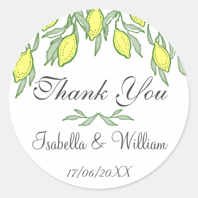 Watercolor Lemon Summer Wedding Thank You Classic Round Sticker (Front)