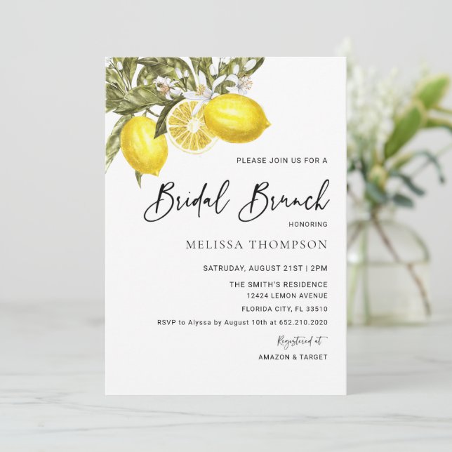 Watercolor Lemon Theme Bridal Brunch Invitation (Standing Front)