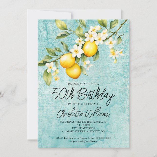 Watercolor Lemon Themed 50th Birthday Invitation (Front)
