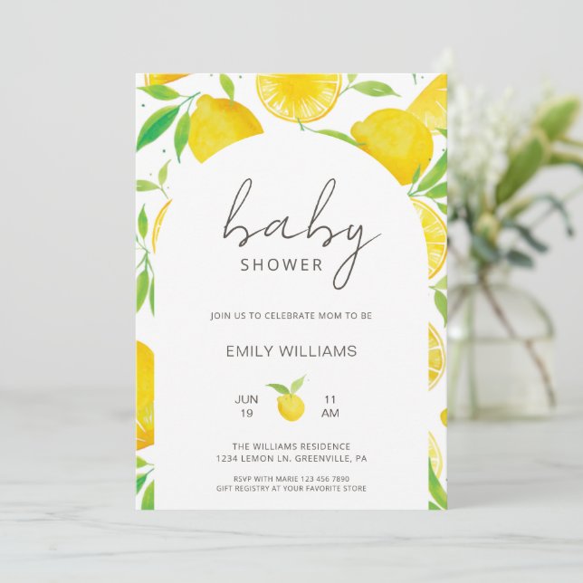 Watercolor Lemon Themed Baby Shower Invitation (Standing Front)