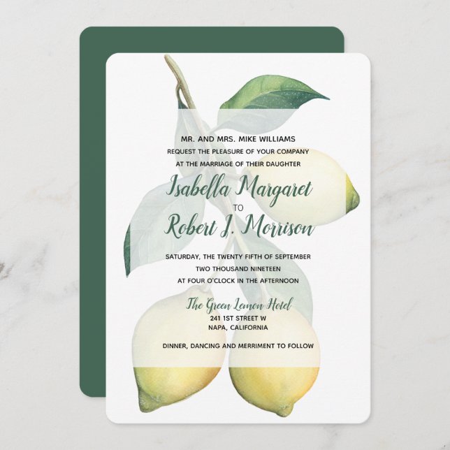 Watercolor Lemon Tree Branch | Wedding invitation (Front/Back)
