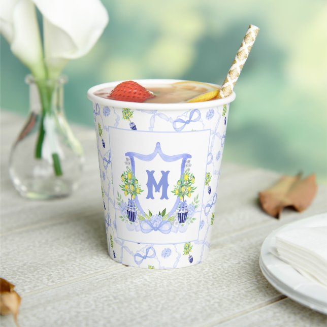 Watercolor Lemon Tree Monogram Crest Paper Cups (Insitu)