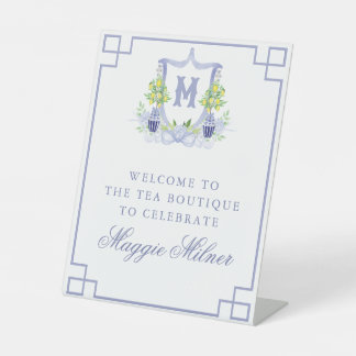 Watercolor Lemon Tree Monogram Crest Pedestal Sign