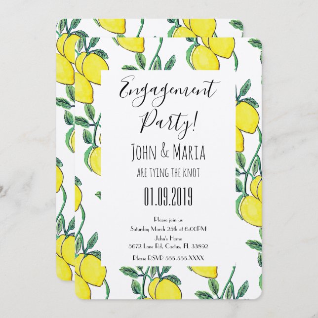 Watercolor Lemon Vine Bunch Engagement Party  Invitation (Front/Back)