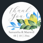 Watercolor Lemon Wedding Favour Classic Round Sticker<br><div class="desc">These Tuscan wedding stickers feature botanical watercolor lemons and greenery art. The words "THANK YOU" are set in a trendy hand lettered script typography. Use the simple template fields to add your custom information. A rustic yet elegant choice to adhere to your wedding favours. To see more visit www.zazzle.com/dotellabelle Art...</div>