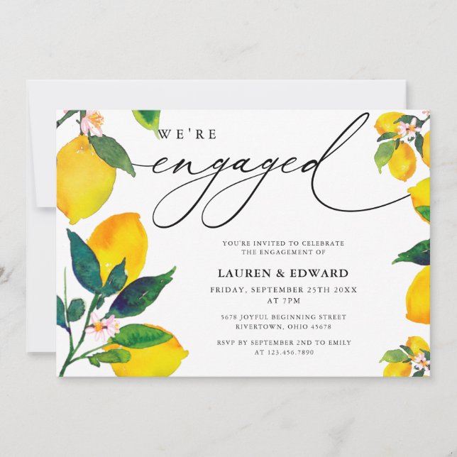 Watercolor Lemon We're Engaged Engagement Party  Invitation (Front)
