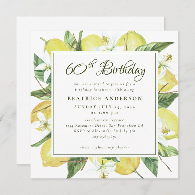 Watercolor Lemon Wreath 80th Birthday Brunch Invitation (Front/Back)