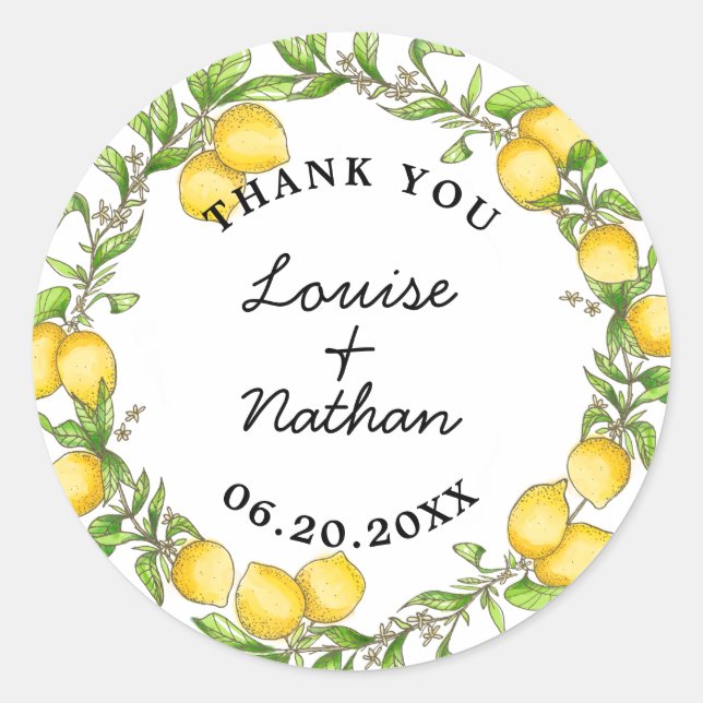 Watercolor lemon wreath thank you favour sticker (Front)