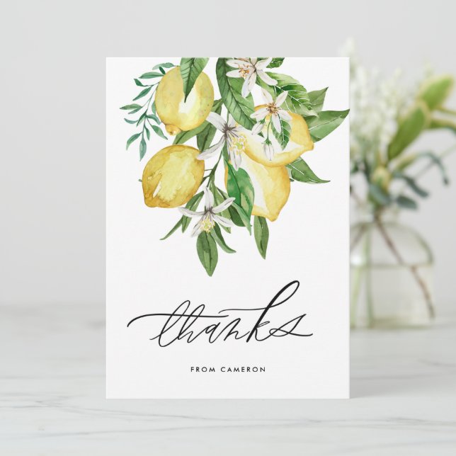 Watercolor Lemons and Blossoms Birthday Party Thank You Card (Standing Front)