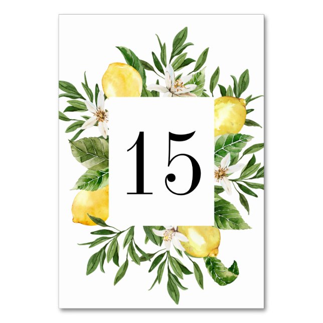 Watercolor Lemons and Blossoms Summer Wedding Table Number (Front)