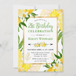 Watercolor Lemons and Flowers 21st Birthday Invitation