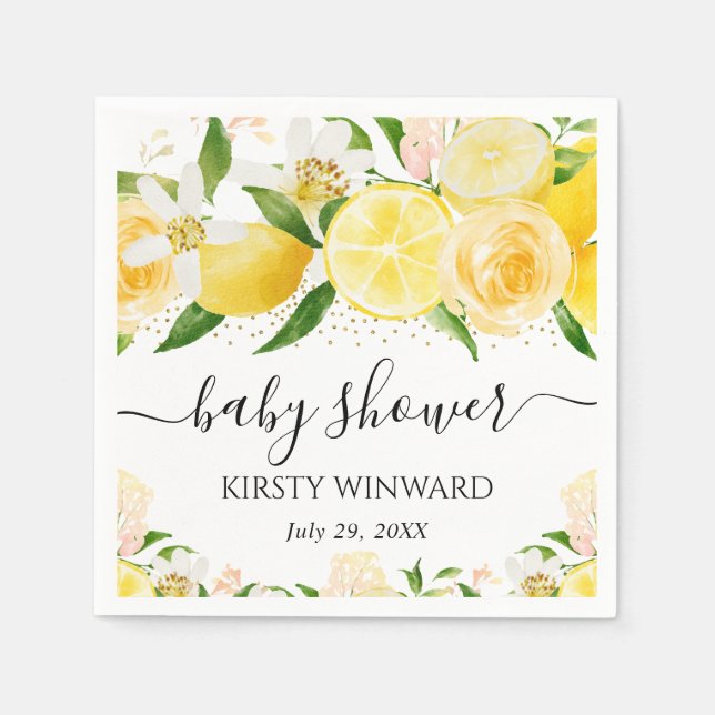Watercolor Lemons and Flowers Baby Shower Napkin (Front)