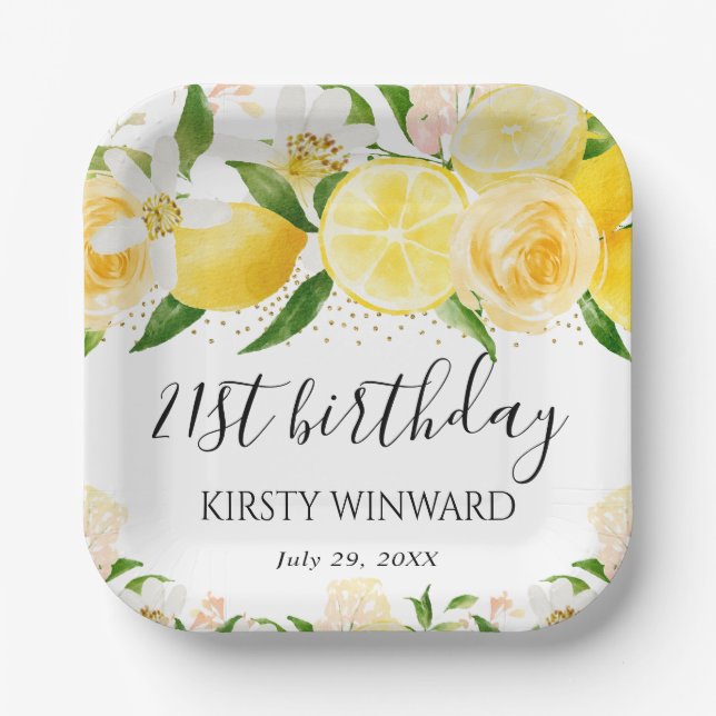 Watercolor Lemons and Flowers Birthday Paper Plate (Front)