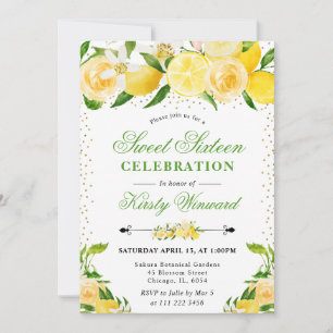 Watercolor Lemons and Flowers Sweet 16 Invitation